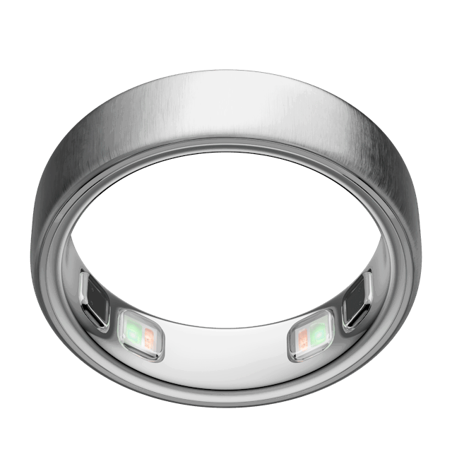 Brushed Silver Oura Ring 5, sensors visible inside the band